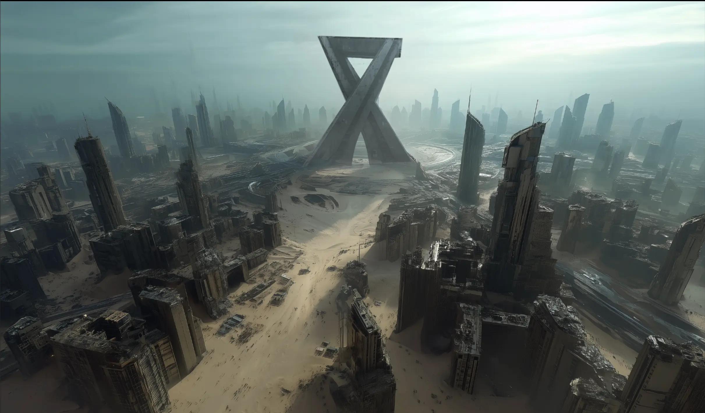 A post-apocalyptic city half-buried in sand with a massive structure rising in the distance